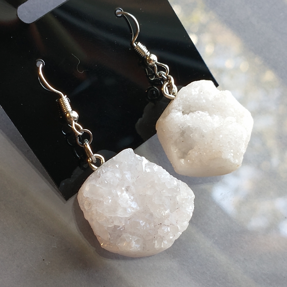 White druzy chunk drop earrings